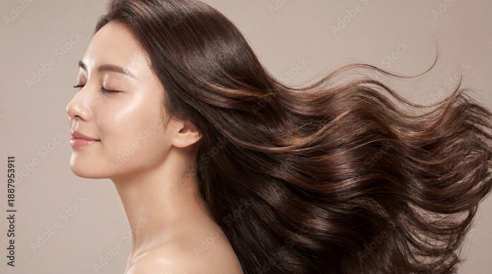 Naklejka premium Beautiful Asian woman's profile with closed eyes, luxurious healthy dark brown hair dramatically flowing, highlighting shine, volume, and natural beauty for cosmetic advertising.