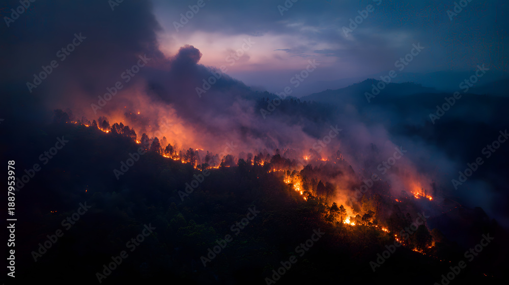 Naklejka premium A dramatic view of fire in the mountains created by the intense red and orange colors of a stormy sunset sky over the dark landscape horizon