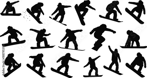 Snowboarder silhouette set showing extreme winter sports action with jumps, tricks, and freestyle snowboarding poses, dynamic motion, balance, and athletic performance isolated on white