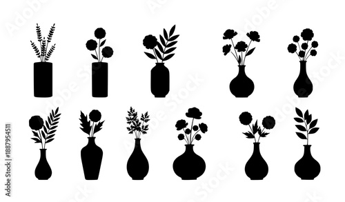Minimal black floral vase silhouettes modern botanical vector illustration