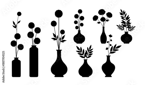 Decorative black silhouette flower arrangements in vases vintage style vector set