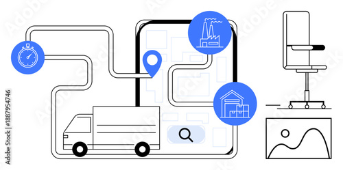 Shipping services, delivery tracking, warehouse management, logistics planning, supply chain, e-commerce. Delivery truck connected to factory and warehouse locations. Delivery tracking and shipping