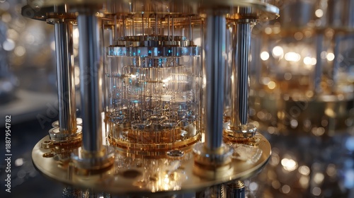 Complex golden and silver quantum computer design is shown in a lab. Represents advanced technology, science, or the future of computing.