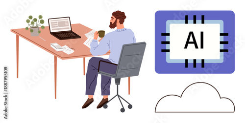 Artificial intelligence, remote work, data analysis, cloud computing, technology integration, productivity. Man sitting at desk with papers, laptop AI chip and cloud symbol. Artificial intelligence