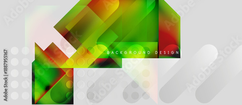 Abstract geometric shapes, vibrant colors, gradients. Modern design with translucent elements, circles, squares, rectangles. Minimalist composition.