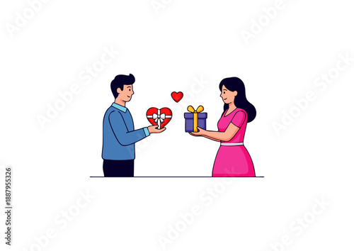 Couple exchanging gifts on Valentine's Day with heart-shaped box and wrapped present, celebrating love and romance