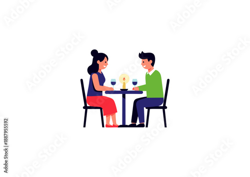 A charming illustration of a happy couple enjoying an intimate romantic dinner date by candlelight, sharing a special evening together