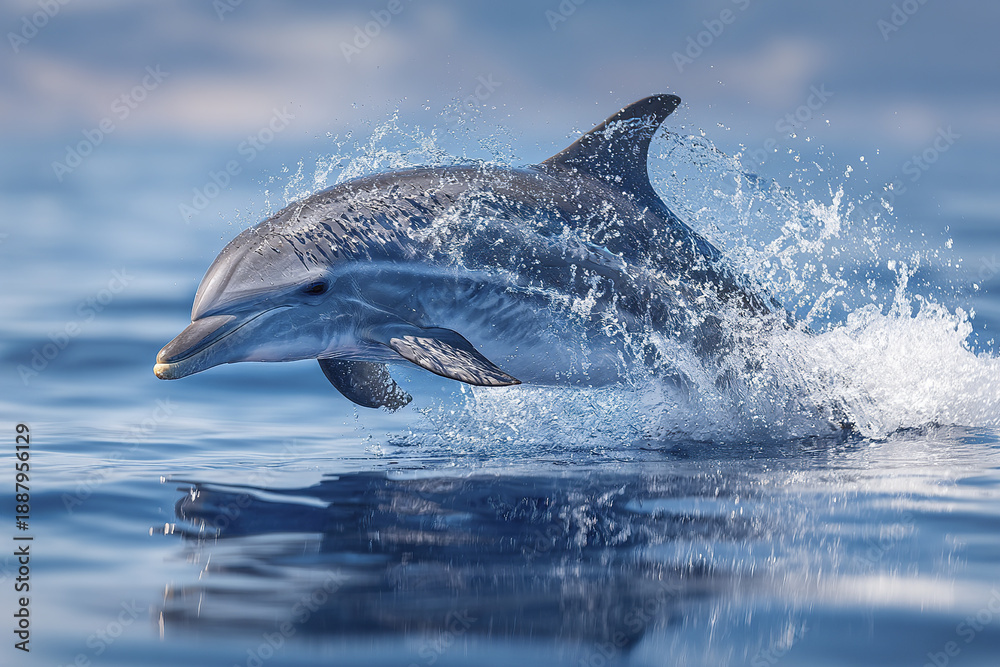 Obraz premium Dolphin jumping out of ocean water with splash and reflection on calm sea surface under blue sky in natural marine environment