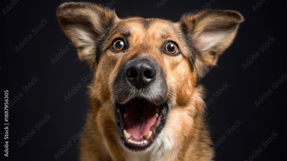 Fototapeta premium Close-up of happy mixed-breed dog with big ears on black background.