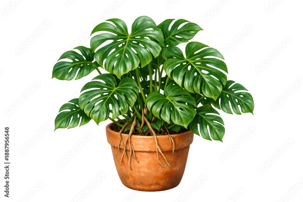 Fototapeta premium Monstera deliciosa plant flourishing in a terracotta pot, showcasing lush green leaves and exposed roots, on a transparent background