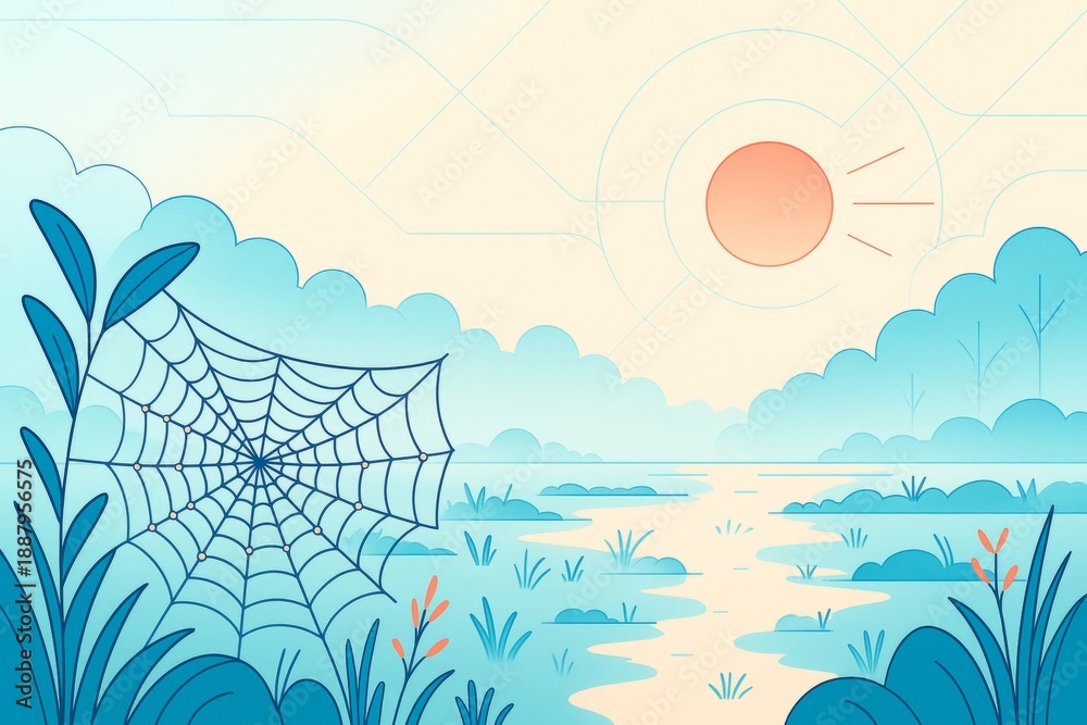 Obraz premium Creative illustration of nature landscape with spider web and sunlight in soft pastel tones on peaceful morning background in forest scene. Ai generative