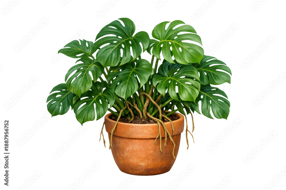 Obraz premium Monstera deliciosa plant with lush green leaves and aerial roots in a terracotta pot, a popular tropical houseplant