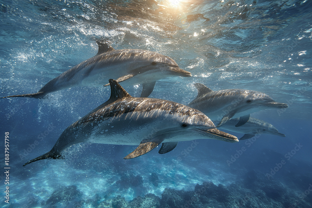 Fototapeta premium Small pod of dolphins swimming underwater in clear blue ocean water with sunlight filtering through, showing their gentle motion and natural habitat