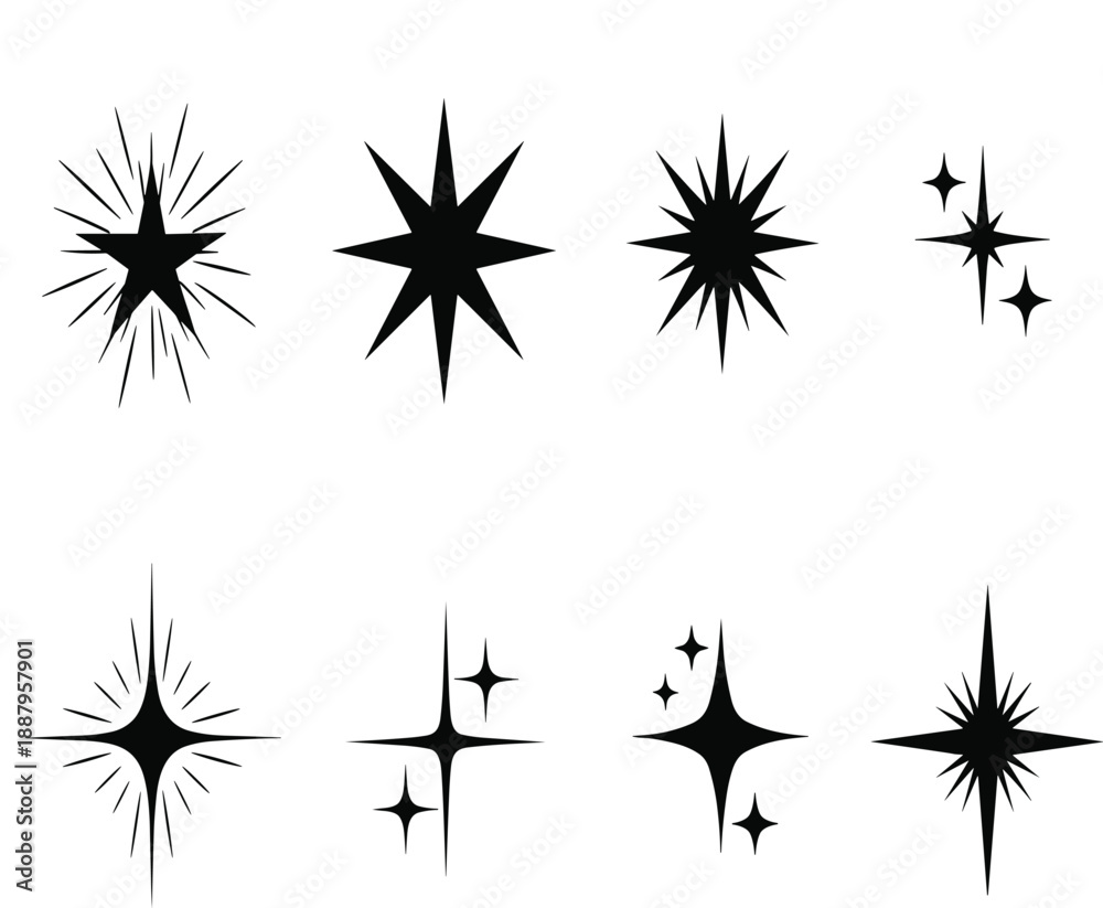 Fototapeta premium Starburst sparkle silhouette vector set with radiant stars and shining light effects, minimal decorative symbols for celebration, magic and graphic design