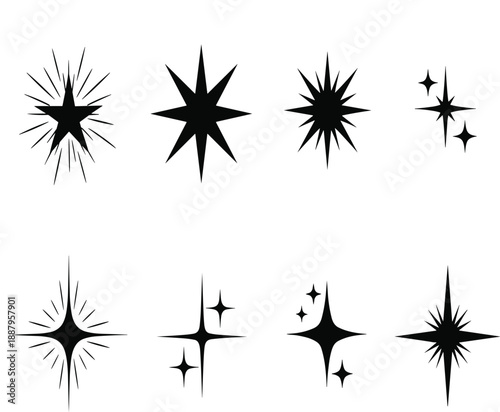 Starburst sparkle silhouette vector set with radiant stars and shining light effects, minimal decorative symbols for celebration, magic and graphic design