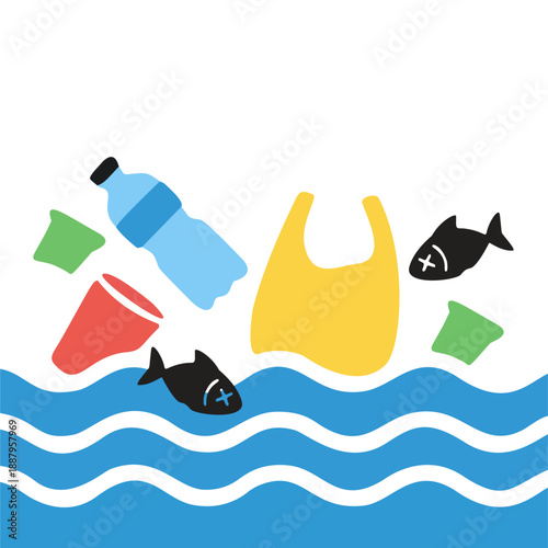 Polluted ocean with plastic waste bottles and dead fish