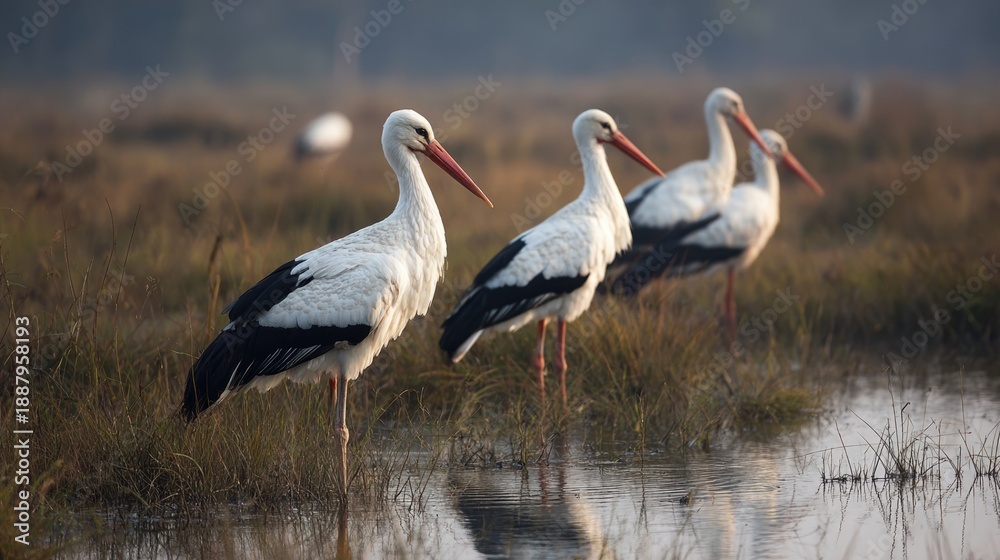 Obraz premium Majestic storks standing tall in shallow wetlands during migration season