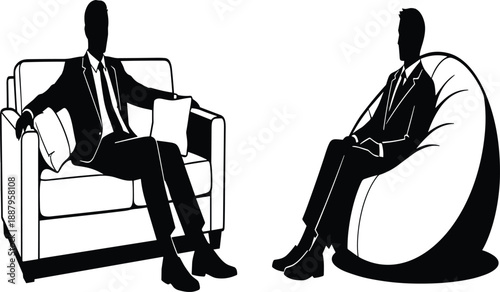 Two business men sitting and talking in lounge chairs, professional meeting or interview concept, corporate discussion silhouette illustration