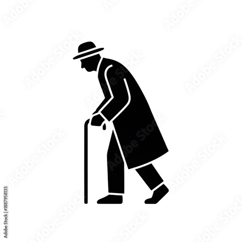 Elderly Man Walking with Cane Silhouette - Senior Citizen Pensioner with Walking Stick Vector Icon
