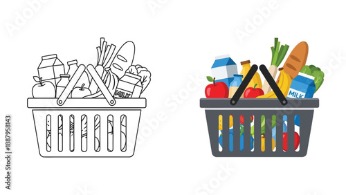 Comparison showing a black and white outline coloring page version alongside a full color graphic illustration of a shopping basket overflowing with various grocery items and fresh produce