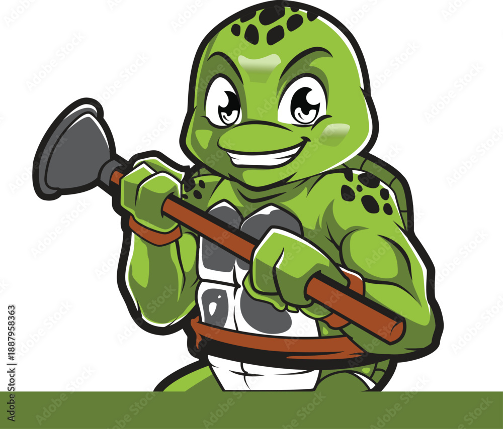 Obraz premium Green tortoise superhero mascot with plunger tool for drainage services