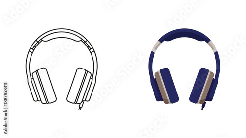Iconic over ear stereo headphones design shown as a black outline icon next to a richly colored version featuring deep navy blue and taupe accents