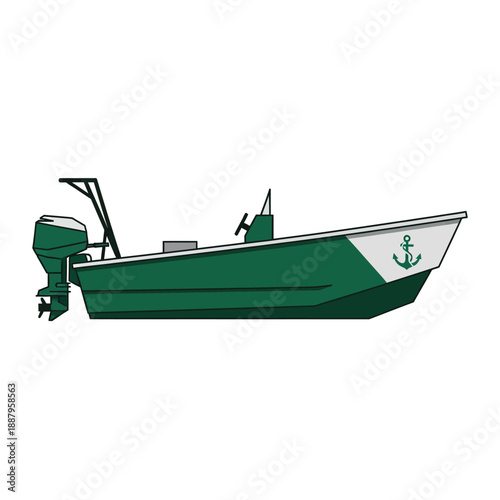 Green Motor Boat Illustration with Outboard Engine and Anchor Graphic. Utility Skiff Vector Isolated.