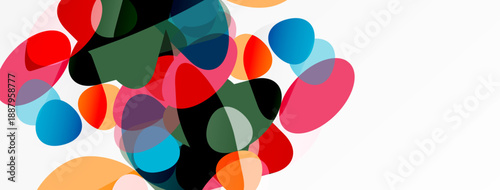 Abstract composition. Overlapping colorful circles create dynamic visual texture. Bright hues contrast with white background. Modern design.