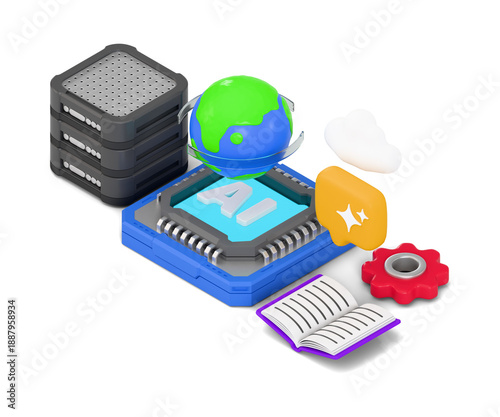 AI Data Processing and Global Connectivity Concept 3D Isometric Icon