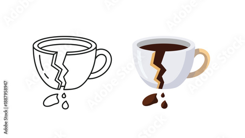 Illustration showing a broken coffee cup with dark liquid spilling out next to a simple black and white outline version of the same damaged ceramic object