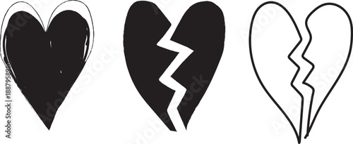 Hand Drawn Hearts and Broken Heart Doodles Set in Black and White