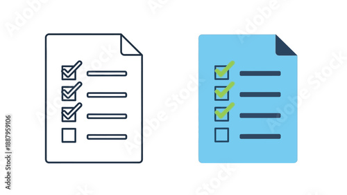 Two distinct icon styles representing a completed task list showing three items checked off next to horizontal lines symbolizing progress tracking and documentation