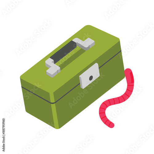 Isometric Fishing Tackle Box with Red Worm Bait Illustration. Essential Gear for Sport and Hobby.