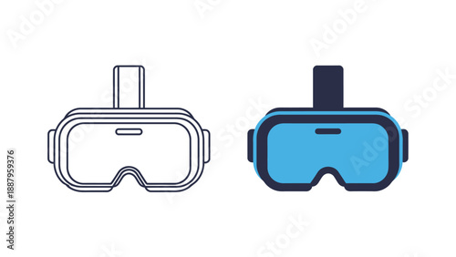 Vector graphic displaying two stylized virtual reality headsets one as a simple black and white outline and the other colored bright blue for modern technology concepts