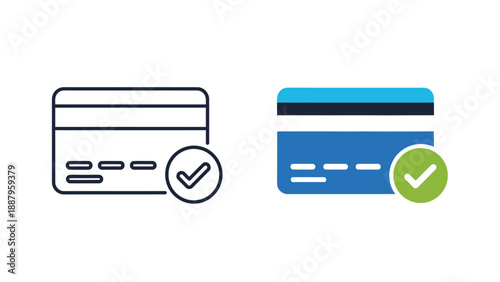 Set of two graphic icons depicting a bank or credit card with a prominent green checkmark symbolizing successful payment confirmation or transaction approval