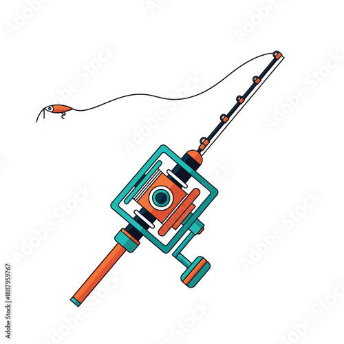 Fishing Rod and Reel Flat Design Illustration. Modern Angling Equipment Vector Graphic with Lure Isolated on White.