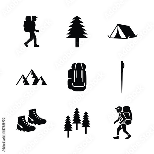 Hiking and Camping Silhouette Icon Set, Outdoor Adventure Backpacking Vector illustration