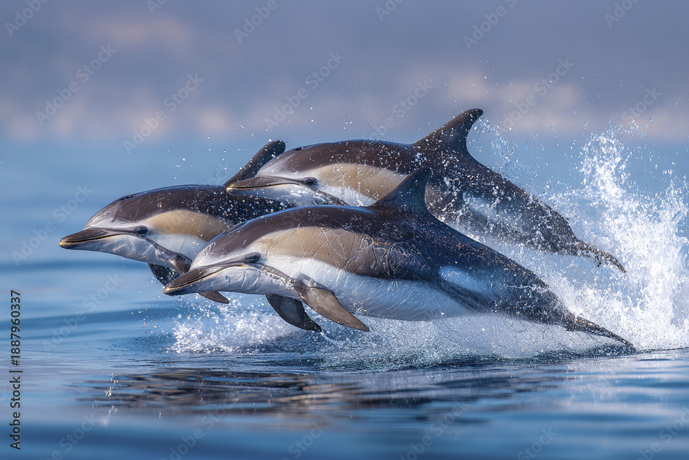 Obraz premium Three dolphins breaching simultaneously above ocean surface with splashing water, showing dynamic movement and natural marine life in calm blue sea environment