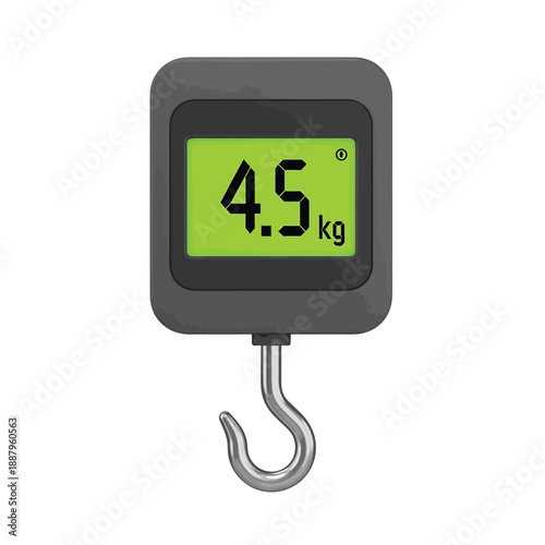 Digital Handheld Scale with Hook Displaying 4.5 kg Weight Measurement. Portable Electronic Luggage or Fishing Weigher Isolated 3D Render.