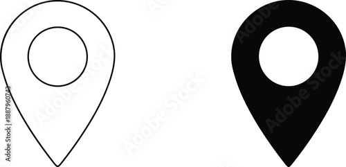 Two simple location pin icons, one outlined and one solid, representing navigation and place