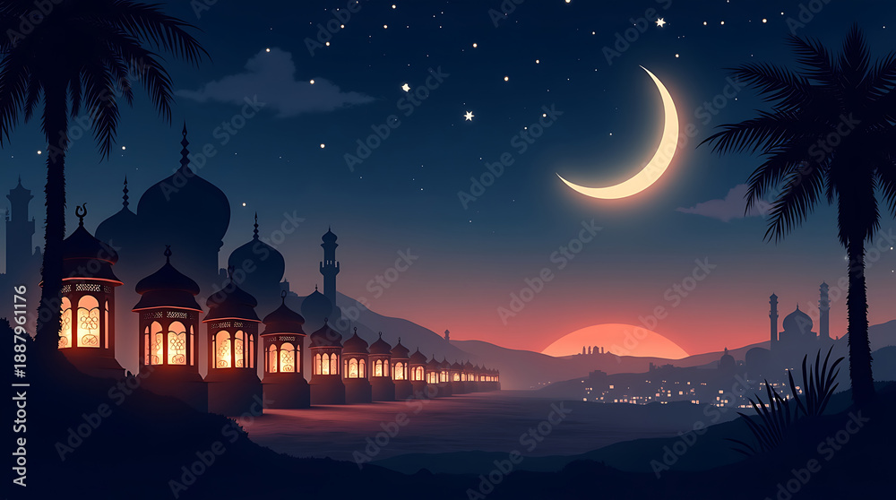 Obraz premium AI Generated Eid al-Fitr Night Mosque Illustration with Crescent Moon and Lanterns
