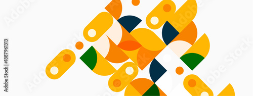 Abstract geometric shapes, mostly rounded rectangles, circles, segments. Warm colors dominate, with orange, yellow, dark teal present. Minimalist design.