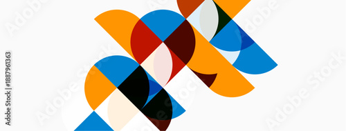 Abstract geometric composition. Overlapping circles, segments create dynamic visual effect. Warm, cool colors contrast against white background.