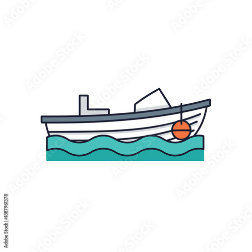 Flat Design Boat Icon: Small Motorboat Floating on Wavy Water with Fender. Marine Transportation and Summer Vacation Vector Illustration.