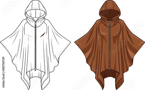 Women hooded poncho rain cape technical fashion illustration, zip front waterproof outerwear design flat sketch isolated on white background