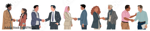Flat modern illustration of diverse professionals shaking hands in agreement, clean minimalist style on transparent background.