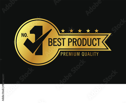 No. 1 best product ribbon sticker label, gold badge with star isolated on black background. Vector Image