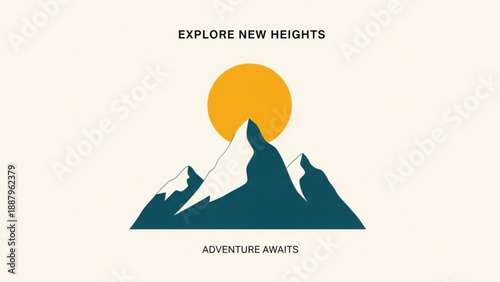 Mountain range silhouette at sunrise with inspirational text explore new heights and adventure awaits