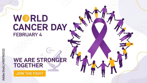 World cancer day poster with purple ribbon and people holding hands in a circle on white background