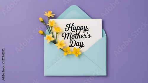 Happy mother's day card with vibrant yellow flowers elegantly placed in a light blue envelope